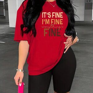 Plus Size Slogan Print Two-piece Set, Crew Neck Short Sleeve Top & Skinny Shorts